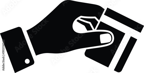 Black and white vector icon showing hand holding credit card for payment, secure access, retail checkout, digital transaction illustration