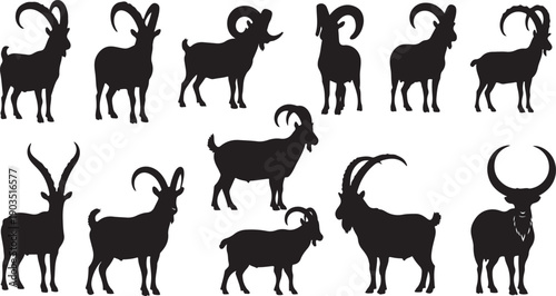Black silhouettes of goats and sheep on white background