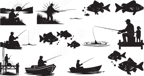 Fishing Silhouettes People Boats Fish Rods Water Scenes Black