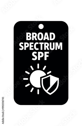 Flat vector hang tag badge solid black rounded rectangle tag with small hole at top BROAD SPECTRUM SPF simple white sun with shield