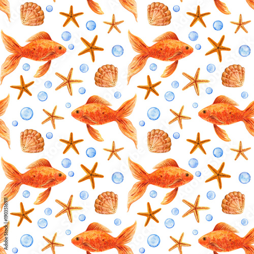 Goldfish, shell, starfish, watercolor seamless pattern on a white background. Aquarium fish. Marine style. Underwater world.