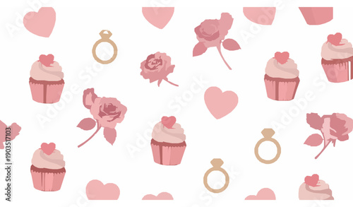 Romantic seamless Valentine love pattern with hearts roses cupcakes and rings vector background