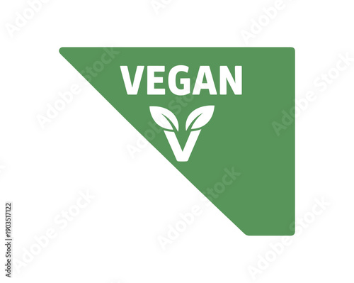 Flat vector corner callout sticker green triangular corner label VEGAN simple white V leaf pictogram centered within triangle
