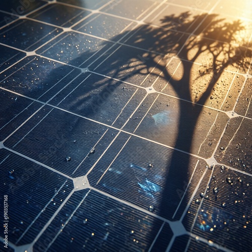 Wet solar panel surface texture with water drops and tree shadow