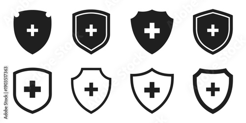 Shield Icon Featuring a Plus Sign, Vector Illustration Representing Medicine, Safety, Healthcare, First Aid, Medical Services