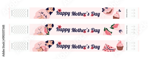 Mothers Day wristband ticket set with mom illustrations flowers gifts cupcakes cards