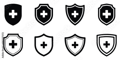 Shield with Cross Icon Vector Illustration, Featuring Health Protection Symbol with Plus Sign, Representing Medical Care