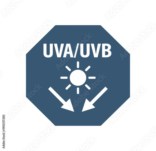 Flat vector octagon badge solid deep slate octagon background UVA/UVB simple white sun with two arrows