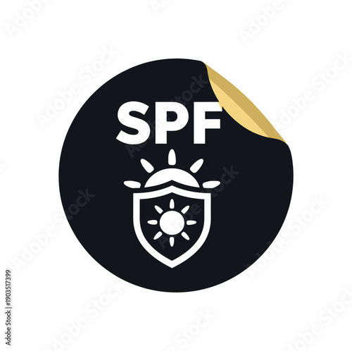 Flat vector sticker peel badge solid black sticker with peeled corner muted gold SPF simple white sun with shield