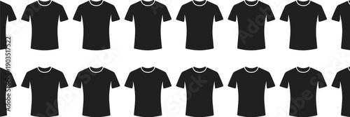 Black t-shirt silhouette set, apparel icon grid, round neckline clothing illustration, fashion flat design, wardrobe inventory graphic pack