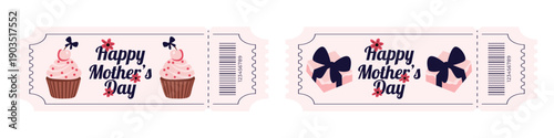 Mothers Day party ticket set with cupcakes and gift boxes illustrations