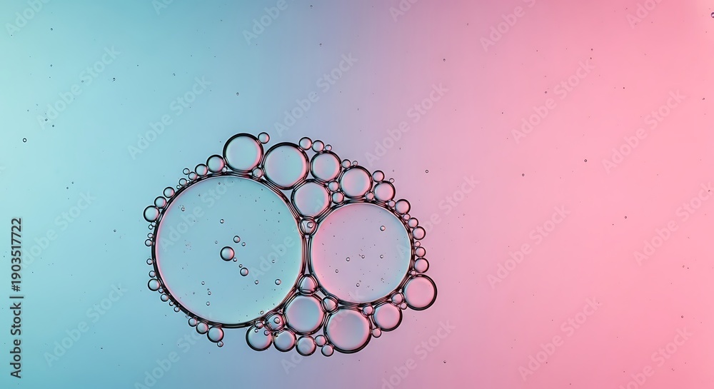 © Mojahid - Soft pastel oil bubbles abstract texture in macro view. Delicate macro image of pastel-colored oil bubbles in water with a dreamy blue and pink gradient and organic cellular structure.