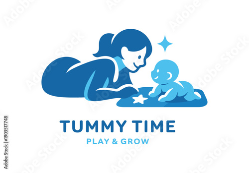 Single flat vector icon of mom and baby tummy time: rounded mother silhouette lying on elbows facing baby the baby on small mat with cutout one sparkle dot stylish modern cutout look made