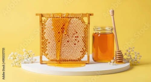 Wallpaper Mural Honeycomb frame with honey jar and dipper on marble surface Torontodigital.ca