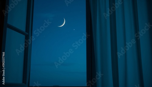 Crescent Moon and Starry Night Sky Seen Through Window