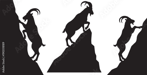 Three goats climbing mountain peaks in silhouette style illustration