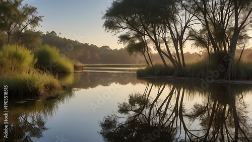 Serene cinematic photograph of a tranquil wetland landscape in soft morning light