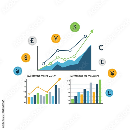 Financial Growth Chart with Currency Symbols, Investment Performance and Business Data