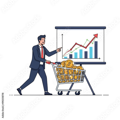 Businessman pushing shopping cart full of coins towards upward graph