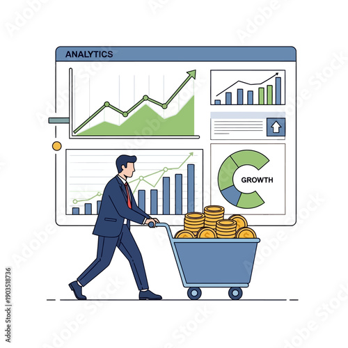 Businessman Pushing Shopping Cart Full of Gold Coins with Analytics Dashboard Background