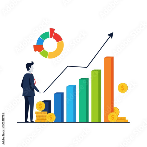 Businessman analyzing financial growth chart with pie chart and coins, business concept