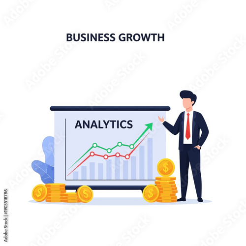 Business Growth Analytics Presentation with Coins and Upward Trend