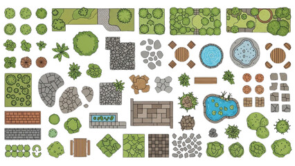 Acrylglasbilder Pistache Collection of various garden landscape elements and garden design components displayed from a top-down viewpoint  © Human Diversity