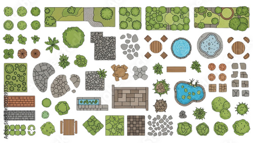 Collection of various garden landscape elements and garden design components displayed from a top-down viewpoint