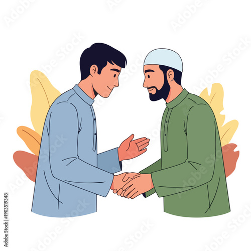 Joyful illustration of two Muslim men in traditional attire exchanging a warm handshake, embodying cultural traditions, brotherhood, and a friendly welcome during festive celebrations