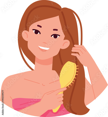 Woman brushing hair with comb. Beauty routine icon