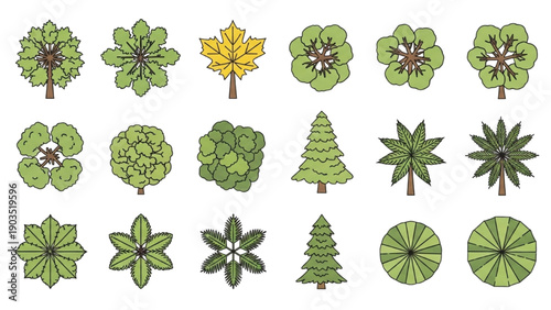 Collection of diverse green tree and plant illustrations arranged in a grid pattern on a white background viewed from directly above