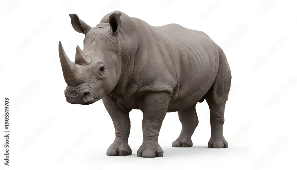 Fototapeta premium White rhinoceros isolated on white background in wildlife setting