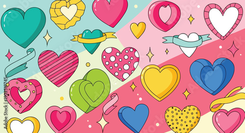 Colorful 3D heart icons and ribbons on bright pop art background