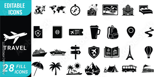 A collection of black travel icons on a gray background with editable elements.