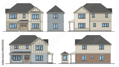 Illustrations of various house designs and architectural styles from different viewpoints