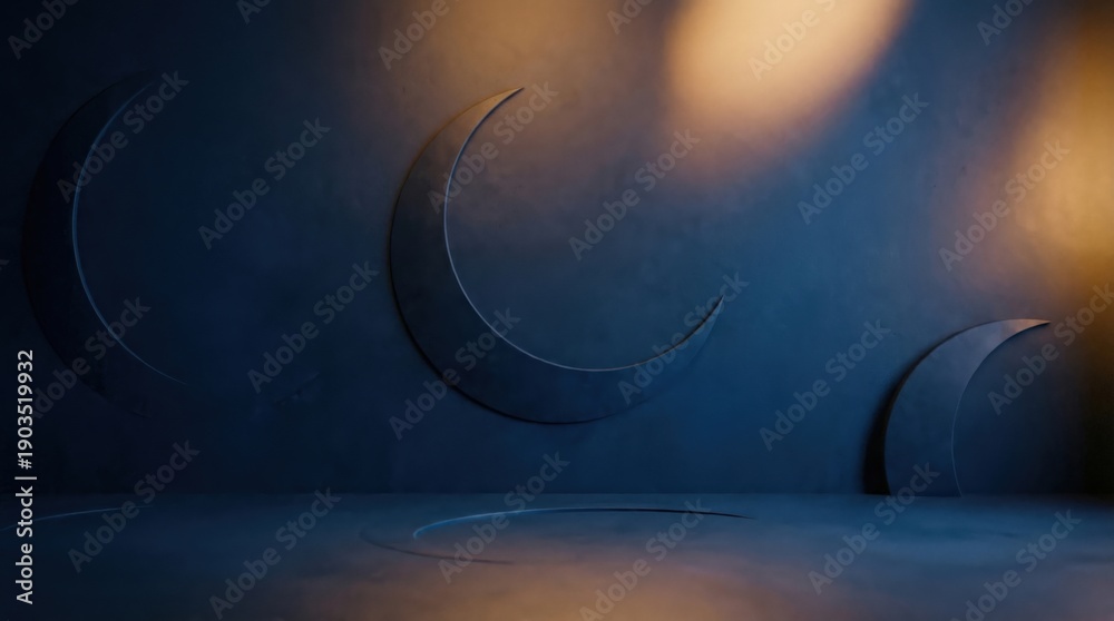 Obraz premium Minimalist 3D background with dark blue crescent moons and warm golden light spots on a textured wall. Modern and elegant design for Ramadan or Eid celebration.