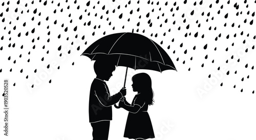 Silhouette of a young boy holding an umbrella for a girl in the rain representing kindness friendship love and support