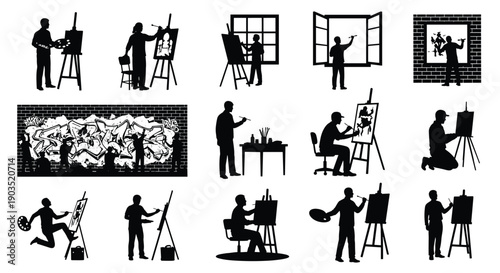 Collection of Black Artist Silhouettes Featuring People Painting at Easels and Working on Canvas Isolated on White Background for Creative Studio and Fine Art Design