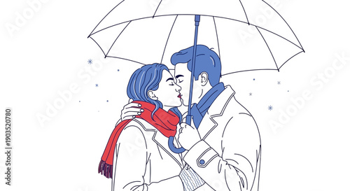 Romantic Couple Sharing a Kiss Under Umbrella on a Rainy Day.