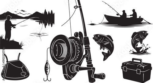 Fishing icons and equipment in black and white illustration style