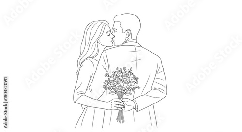 Romantic Couple Embracing with Bouquet of Flowers.