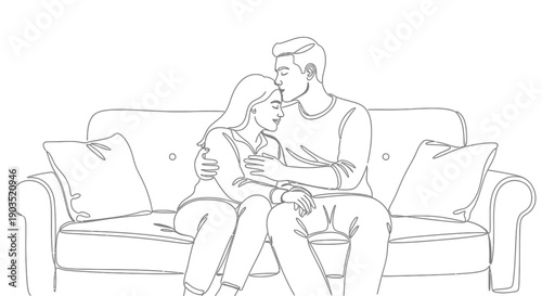 Couple sitting together on a sofa in a loving embrace.