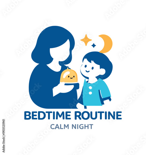 Single flat vector icon of mother and child bedtime routine: rounded mother silhouette holding small night light child pajamas beside tiny moon cutout two sparkle dots stylish modern cutout