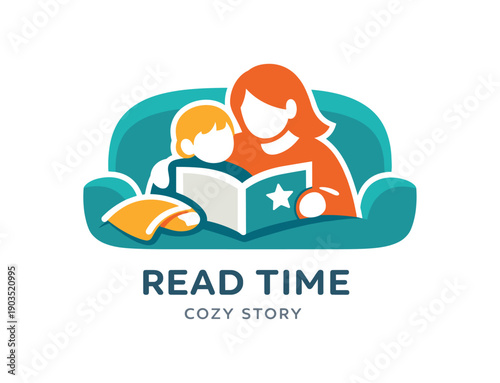 Single flat vector icon of mother and child reading on sofa: rounded sofa cushion shape behind them an open book with small cutout tiny blanket fold dot stylish modern cutout look made with