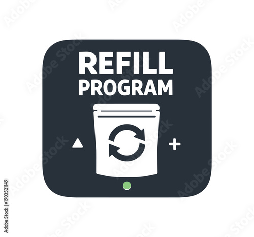 Flat vector rounded badge () REFILL PROGRAM simple white pouch with arrows tiny muted green dot accent
