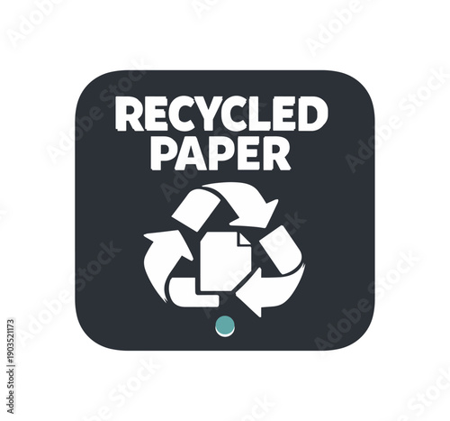 Flat vector rounded badge () RECYCLED PAPER simple white recycle arrows with paper sheet tiny muted teal dot accent