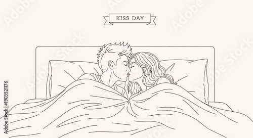 Couple Snuggling in Bed on Kiss Day Illustration.