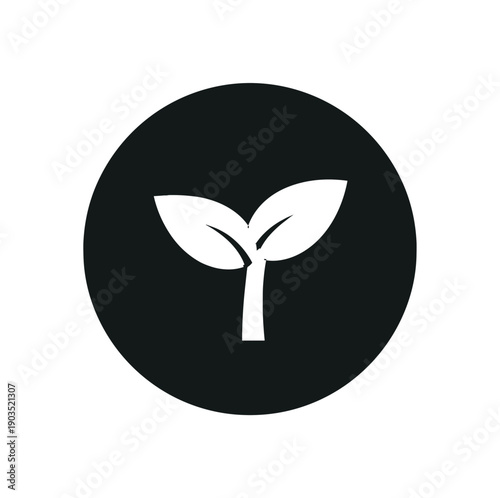 Flat vector icon only micro badge small solid black circle containing single simple white pictogram leaf sprout