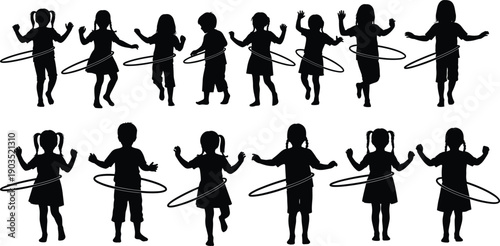 Large Collection of Black Silhouettes Featuring Happy Children and Diverse Kids Playing with Hula Hoops Isolated on White Background for Youth Fitness and Play Activities