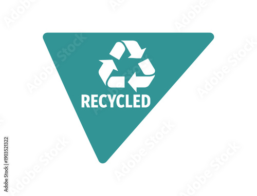 Flat vector corner callout sticker RECYCLED simple white recycle arrows pictogram centered within triangle